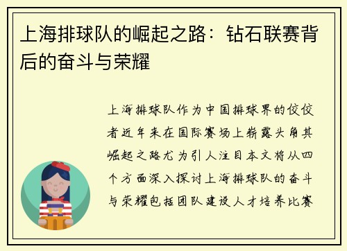 上海排球队的崛起之路：钻石联赛背后的奋斗与荣耀