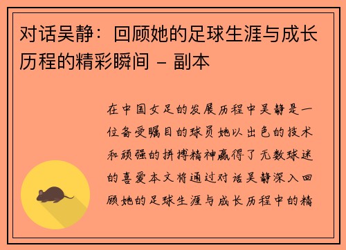 对话吴静：回顾她的足球生涯与成长历程的精彩瞬间 - 副本